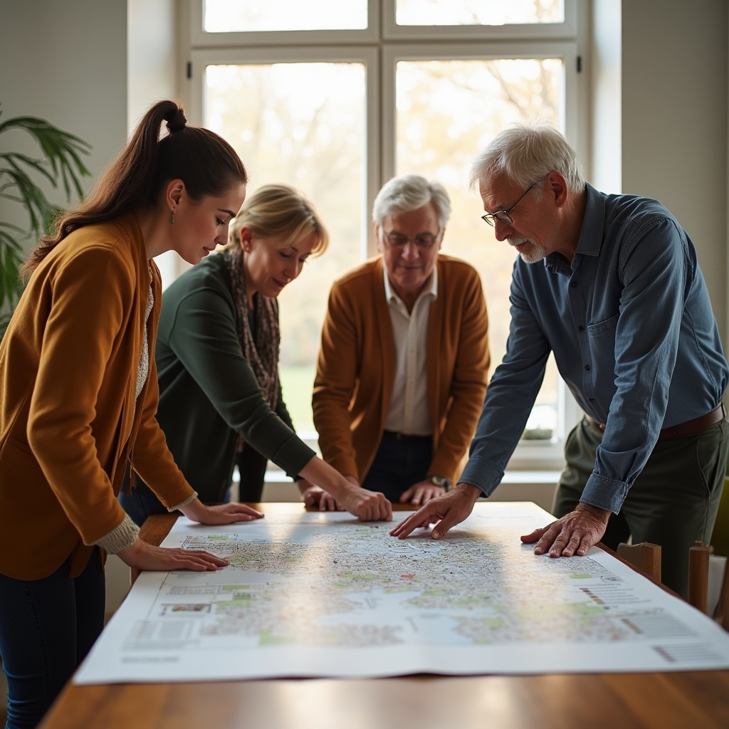 Residents gathered around a table reviewing a printed neighborhood map during a community planning session