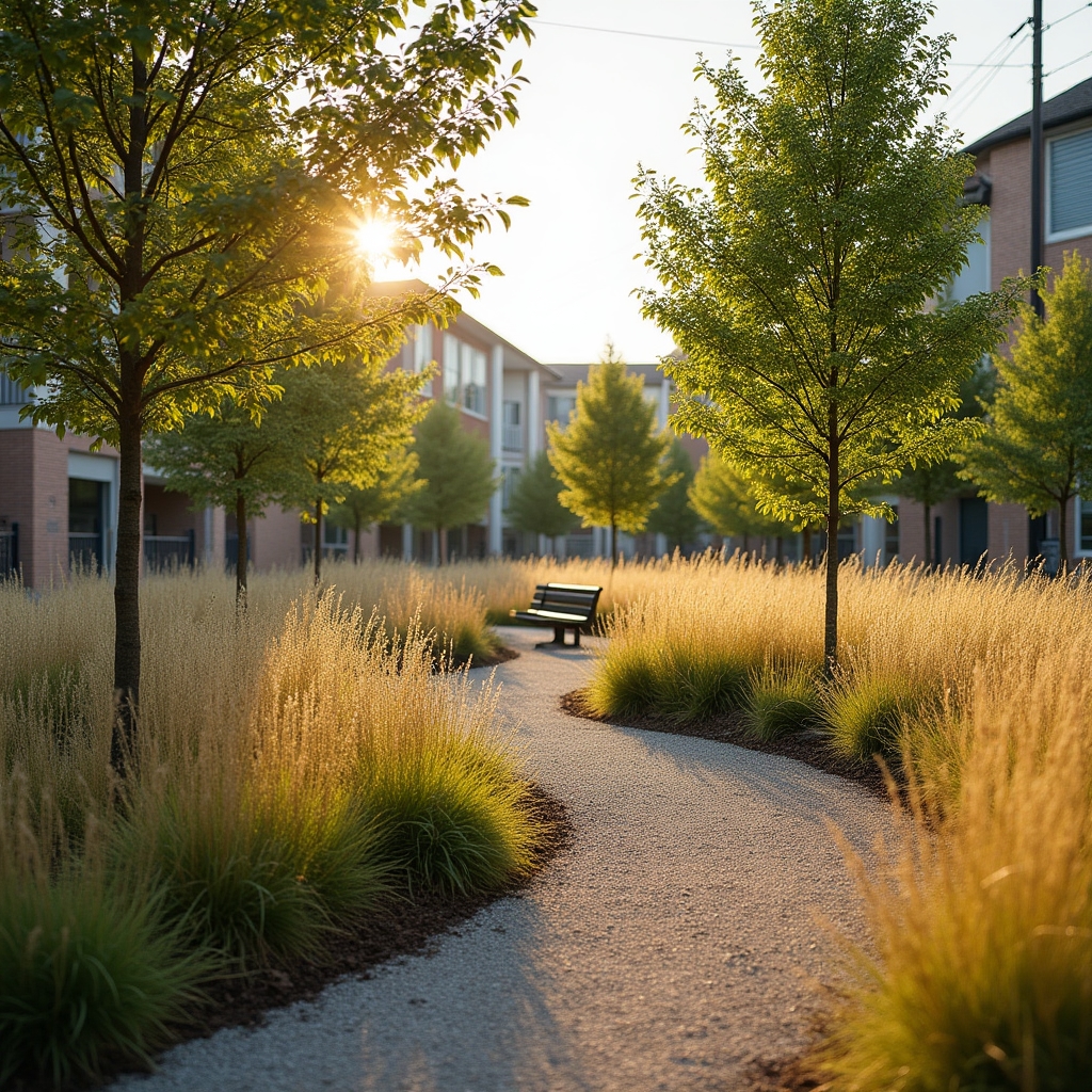 A newly designed neighborhood park with native grasses, a walking path, and young shade trees