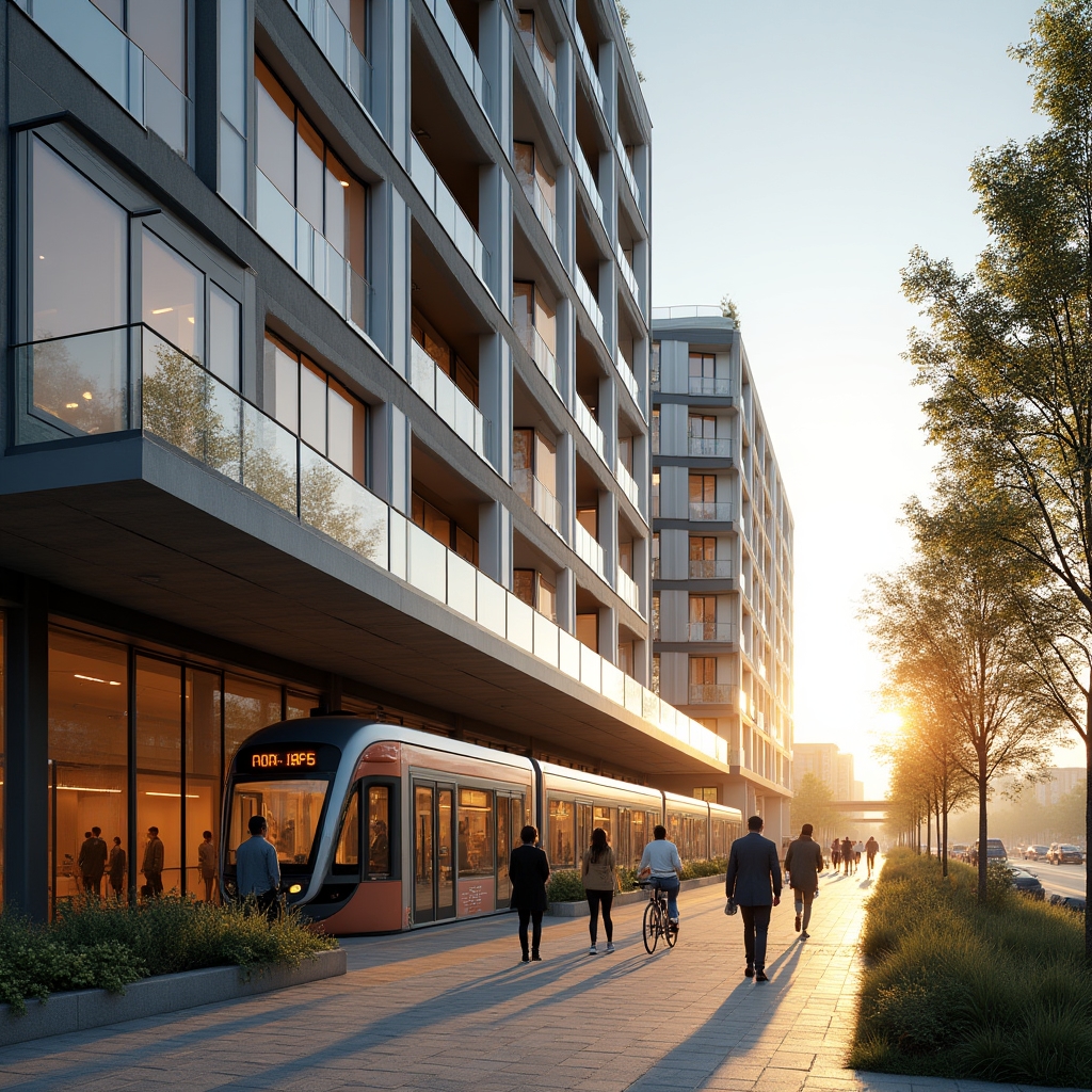 A mid-rise apartment building next to a light rail transit stop with pedestrians walking nearby