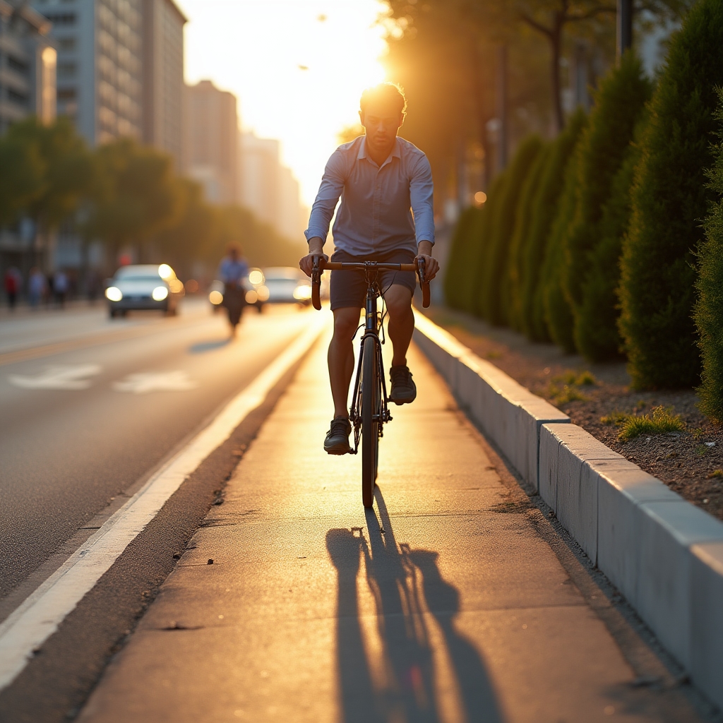 A protected bike lane separated from car traffic by a raised curb and street trees on a city avenue